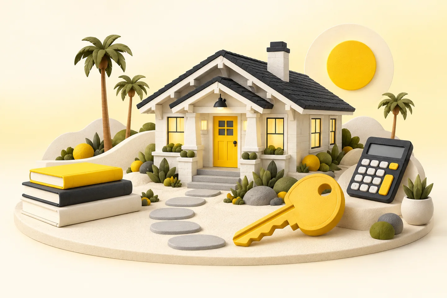 Illustrated California home with a yellow door, books, calculator, and key