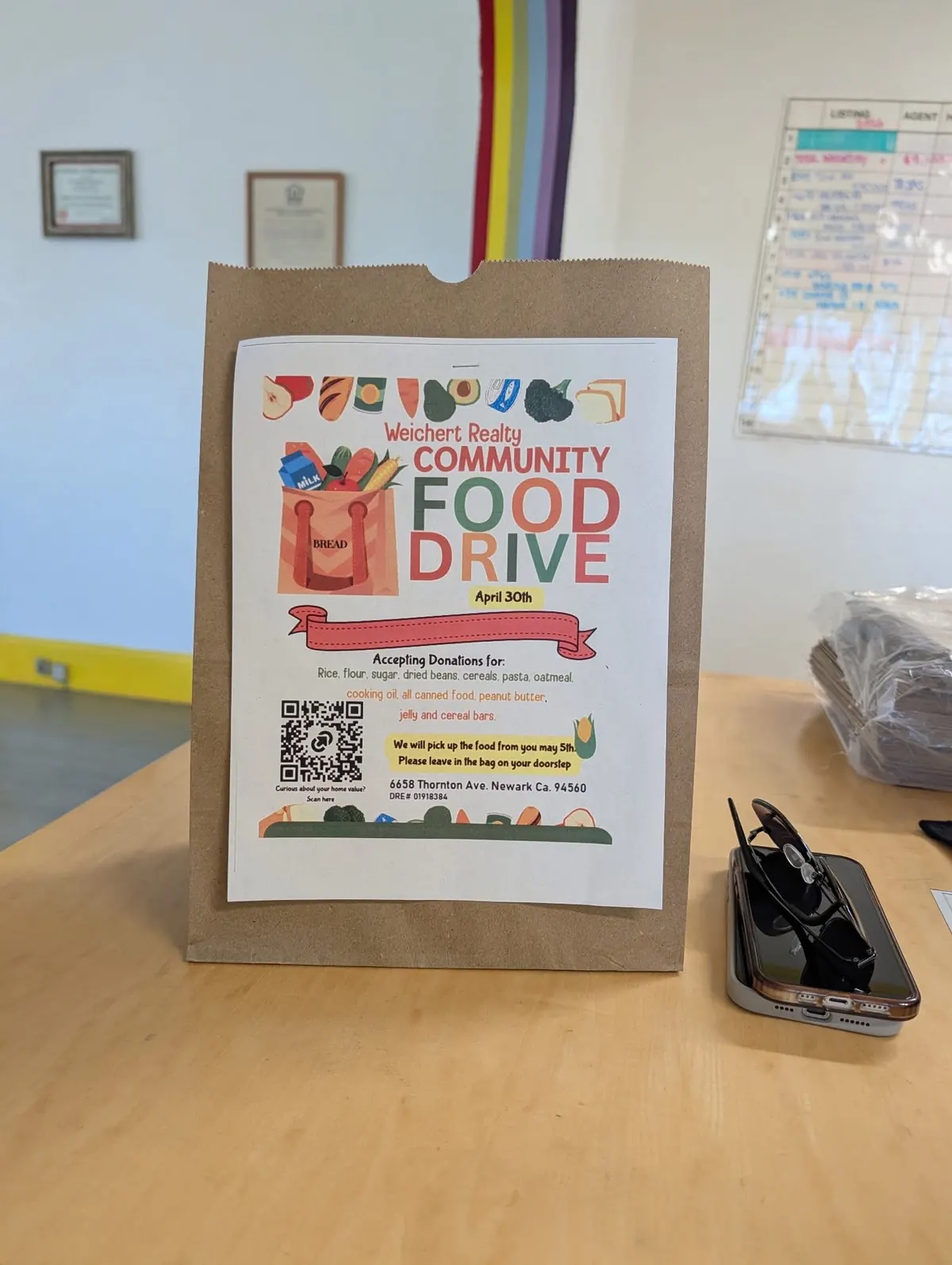Food-drive collection bag with an April 30 flyer